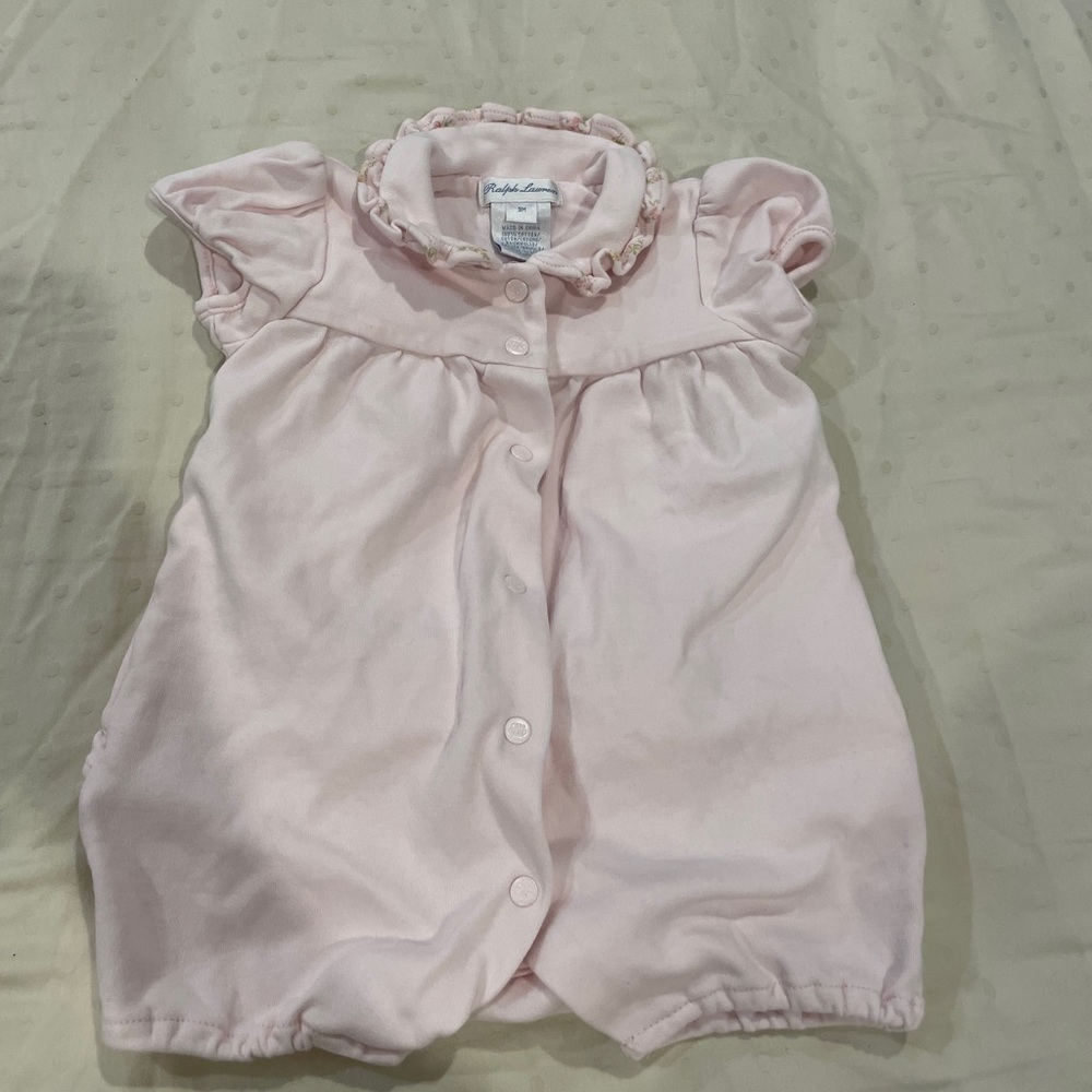Ralph Lauren Baby Pink Floral Ruffle Collar Romper Playsuit Shorts Onesie 9M
